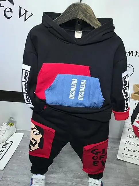 2pcs set Детский комплект одежды для маленьких мальчиков, худи в стиле пэчворк и штаны, комплекты из хлопка, милый мягкий удобный детский комплект одежды для детей 2-6 лет - Цвет: 2pcs set