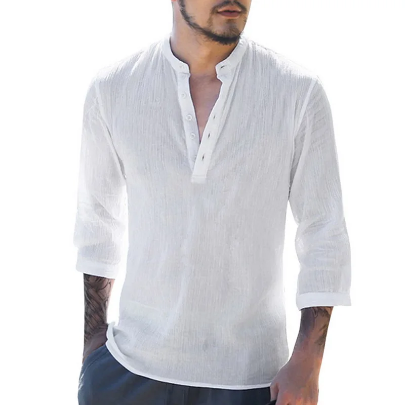 

Vogue Men Cotton Linen Shirts Long Sleeve VogueSoft Shirts V-Neck Button Pullover Nice Summer Men Shirt Solid Loose Tops
