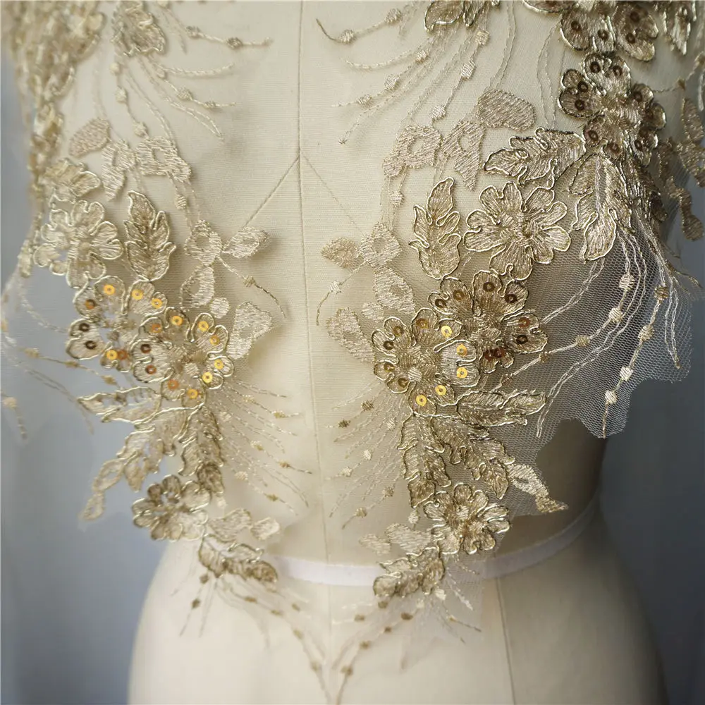 2 шт. золотые блестки цветок кисточка свадебное платье Аппликации кружевная