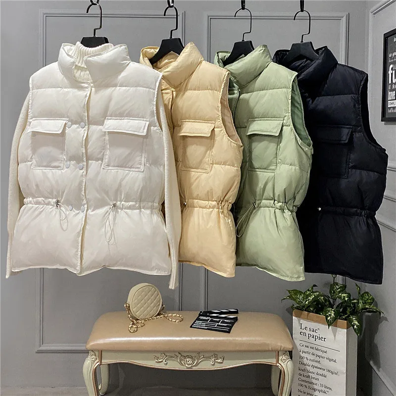 

Woman Down Coat Stand Collar 2021 Winter Vests Belted Waist Solid Womens Parka Warm Jackets