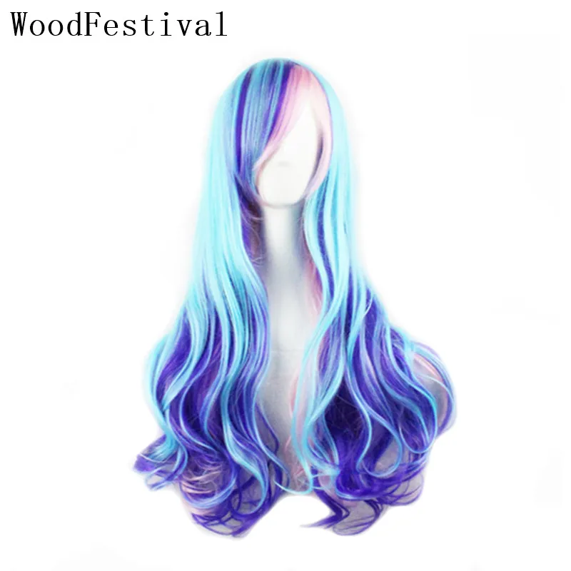 WoodFestival Colored Synthetic Hair Wig With Bangs Wavy Cosplay Wigs For Women Long Rainbow Pink Blue Red Green Brown White Grey