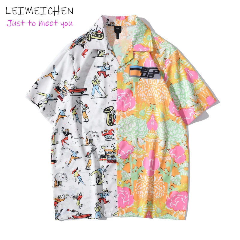 

LEIMEICHEN Hawaiian Shirt Graffiti Color Block Patchwork Print Beach Shirts Streetwear Hip Hop Casual Holiday Short Sleeve Tops