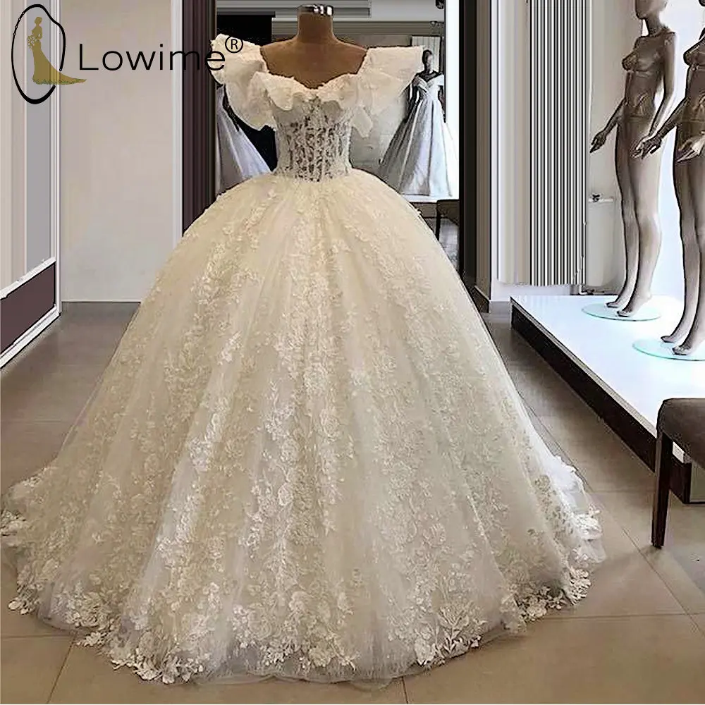 

Ivory See Boning Illusion Wedding Dresses Pearls Off the Shoulder Ball Gown Puffy Lace Bridal Gowns