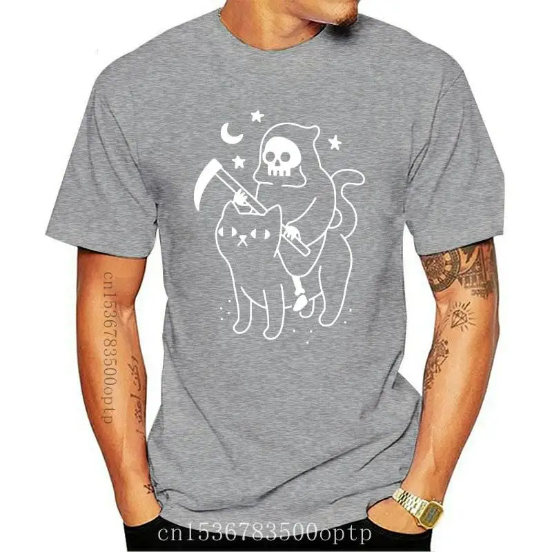 

Death Rides A Black Cat T-shirt Scary Grim Reaper Hippie Tshirt Funny Women Short Sleeve Graphic Goth Tee Shirt Top