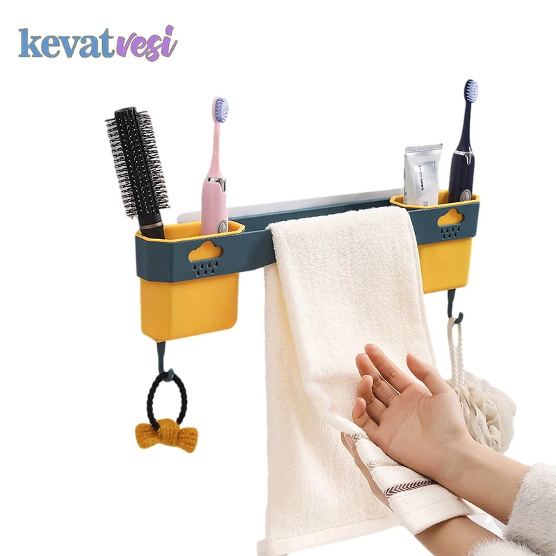 

Bathroom Shelf with Hooks Wall-mounted Towel Rack Multifunctional Toilet Storage Racks Punch Free Drain Rack Bathroom Organizer