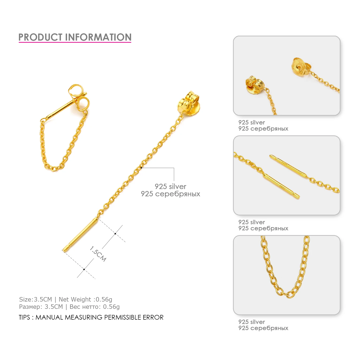 

CC 100% 925 Silver Fine Jewelry Chain Gold Long Earrings For Women Set Simple Stud Trendy Design Jewelry