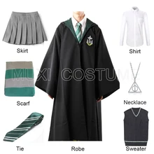 Free Shipping Cosplay Slytherin Robe Cloak Pullover Sweater Shirt Skirt Tie Necklace Scarf Cosplay Costume