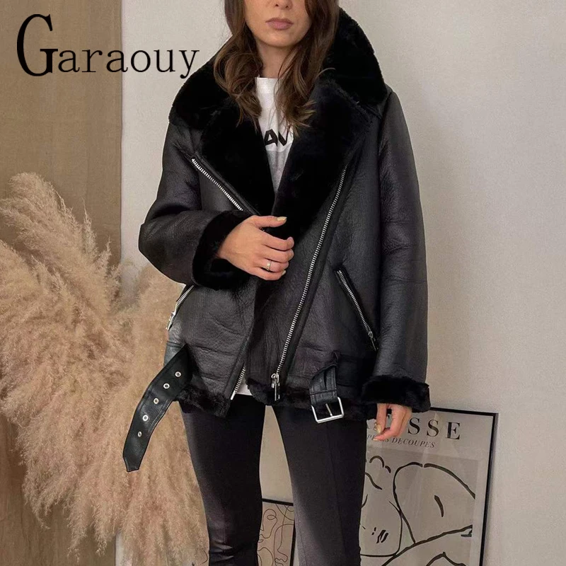 Garaouy 2022 New Women Winter Sheepskin Coat Thick Warm Faux Lamb Leather Jacket with Belt Loose Outerwear Streetwear