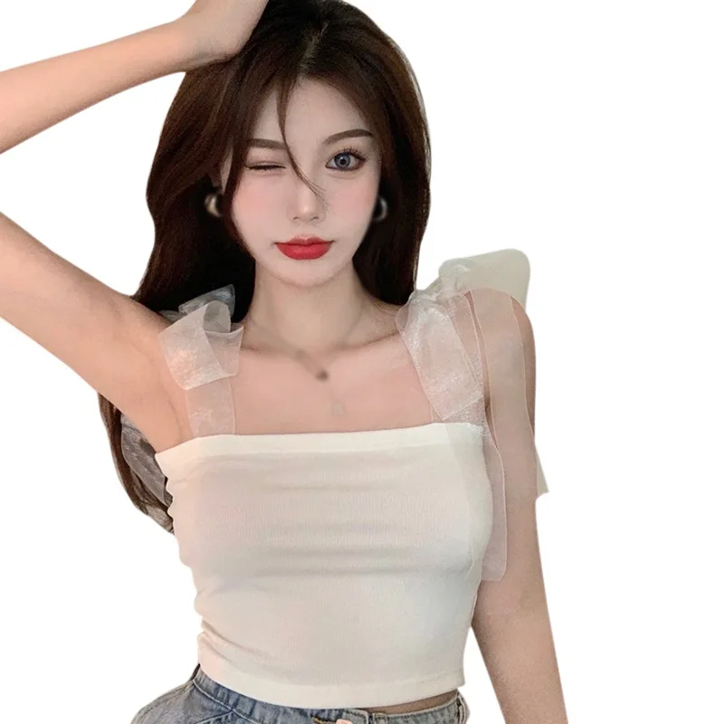 

Summer Women Casual Camisole Sexy Solid Color Sleeveless Bow-Knot Vest Tube Crop Top Bralet Sheer Mesh Lace T-Shirt Tank Tops
