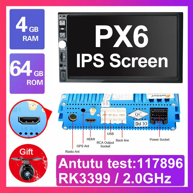 PX6 4G 64G Android9 Eunavi 2 Din 7 ''TDA7851 Android 9 4G 64G Восьмиядерный универсальный автомобильный Радио Аудио Стерео gps навигация Мультимедиа 1024*600 без DVD - Цвет: PX6 4G 64G Android9