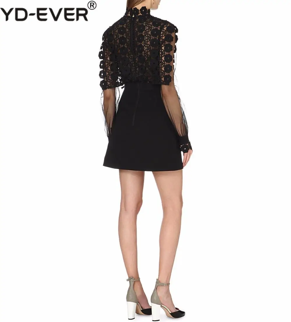 Self-Portrait Runway Patchwork Black Lace Dress 2020 Autumn Women's Long Sleeve Flower Embroidery Crochet Hollow Out Mini | Женская