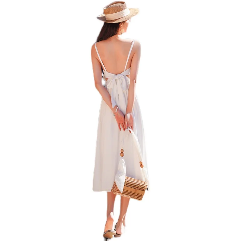 

Casual Honeymoon Vacation Party Vestidos Women Long White Slip Dress Summer 2021 Runway Elegant Vintage Korean Backless Sundress