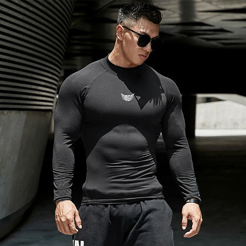 

Mens Compression Shirt Running Long Sleeve T-shirt Hight Collar Sportswear Quick Dry Elasticity Tight Bodybuilding Gym Clothing
