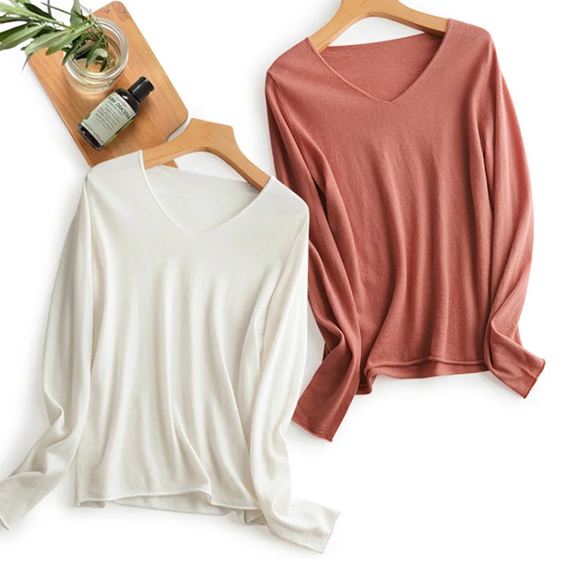 

JCHB Women's Sweaters Pure Merino Wool Pullovers Jumper Ladies Lightweight Soft V-neck Long Sleeve Thermal Shirt for Fall Winter