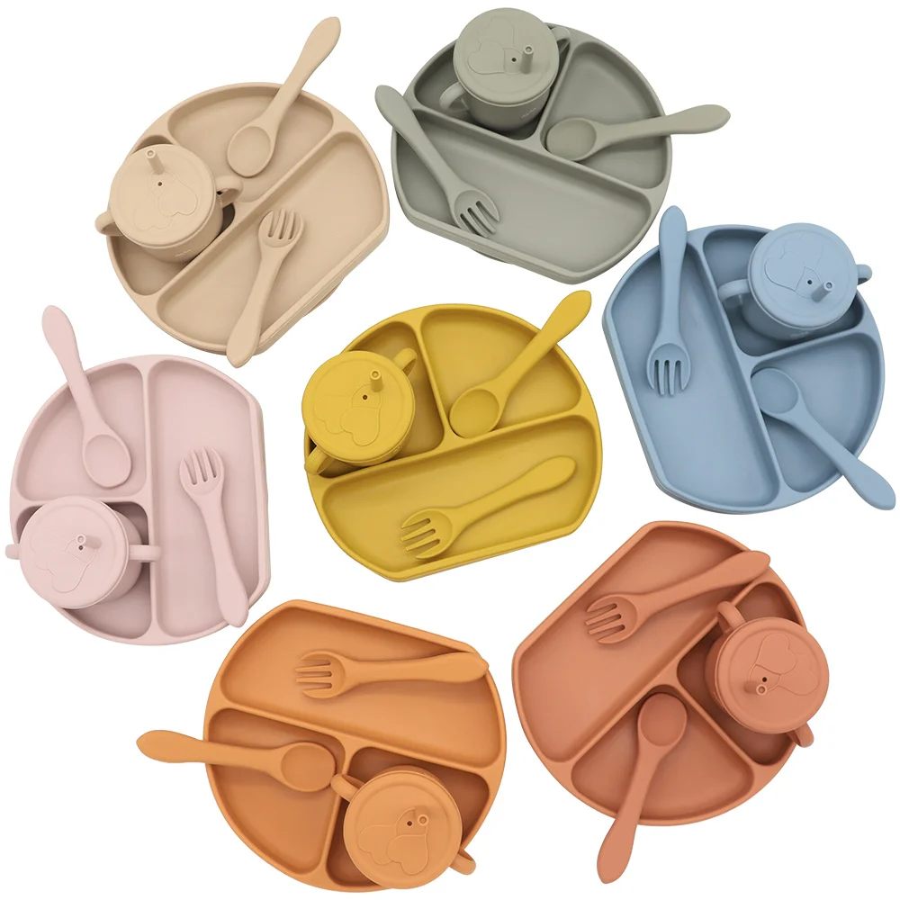 

4PCS Baby Silicone Plates Fork Spoon Feeding Cups Set Non-slip Children's Suction Plate BPA Free Food Grade Waterproof Tableware