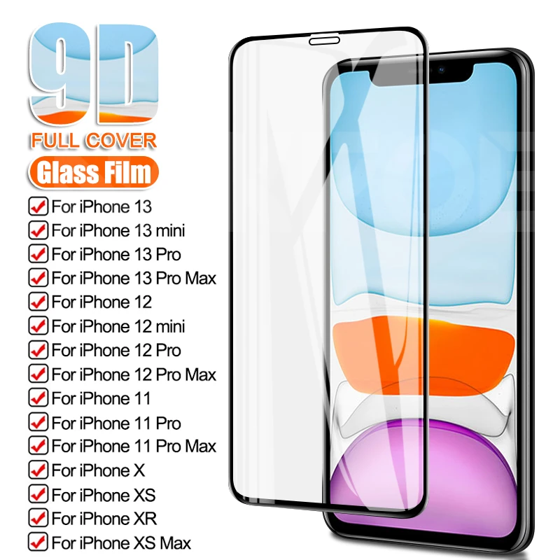 

9D Full Cover Protective Glass For iPhone X XR XS 11 12 13 Pro Max Screen Protector For iPhone 12 13 Mini 11 Pro Tempered Glass
