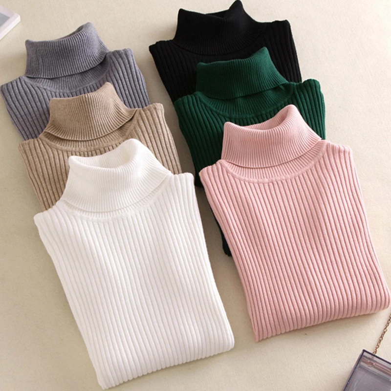

On Sale Pullover 2021 Spring Summer Women Knitted Foldover Turtleneck Sweater Casual Rib Jumper Throat Female Pull Clothing Coat