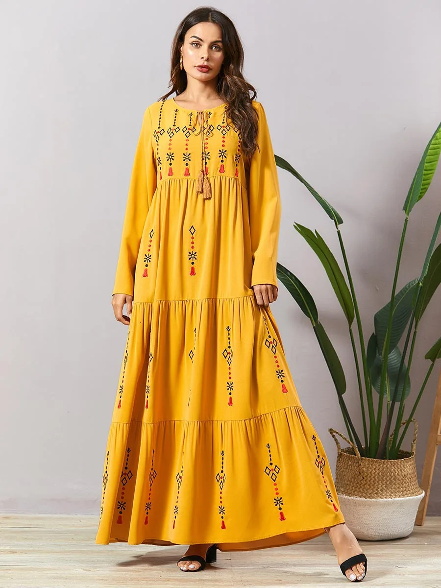 

boho embroidery pleated dress long sleeve Ramadan Eid Dubai Kaftan Abaya African dashiki For Women Robe plus size VKDR2076