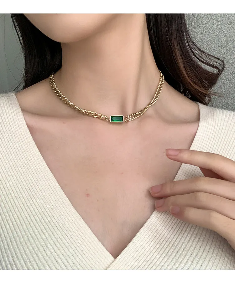 

Titanium Steel Green Crystal Choker Necklace Punk Gold Thick Chain Necklace For Women Simple Minimalist Collier Femme Jewelry