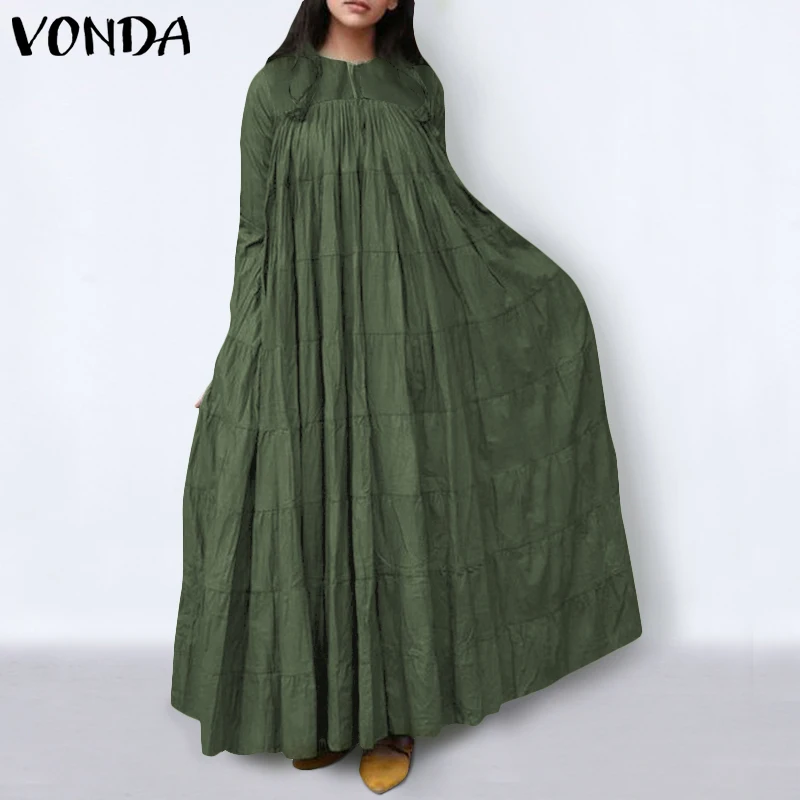

Elegant Maxi Dress 2021 VONDA Women Sundress Bohemian Holiday Party Long Maxi Party Dress Pleated Oversized Vestidos