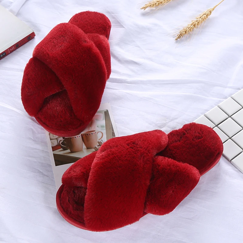 

2021 Winter Women House Slippers Faux Fur Fashion Cross Warm Shoes Woman Flats Female Open Toes Slides Pink Cozy Furry Slippers