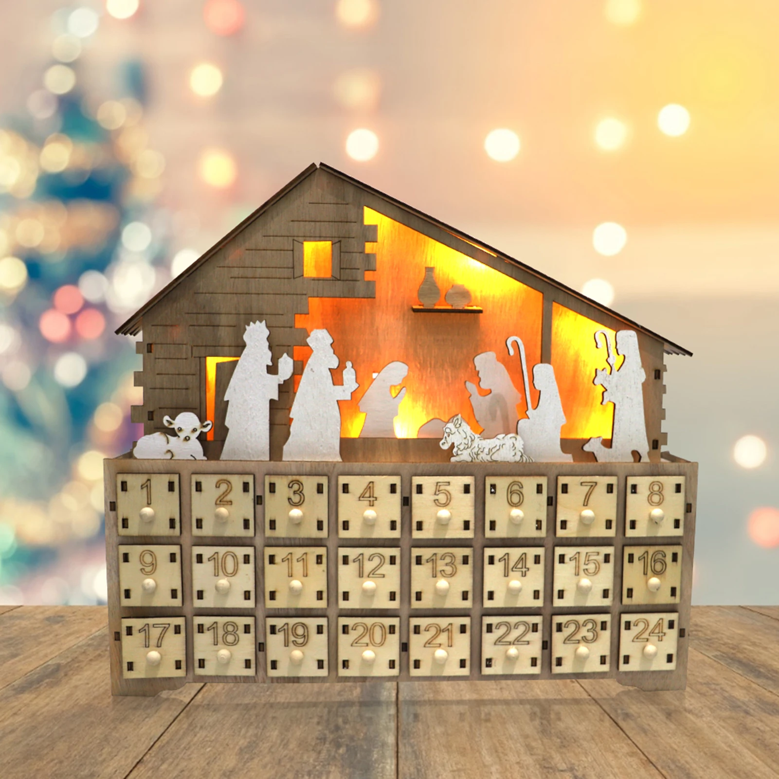 

Календарь для украшения нового года с лампой, деревянный календарь с обратным отсчетом и 24 нумерованными ящиками, украшение для дома на Рож...