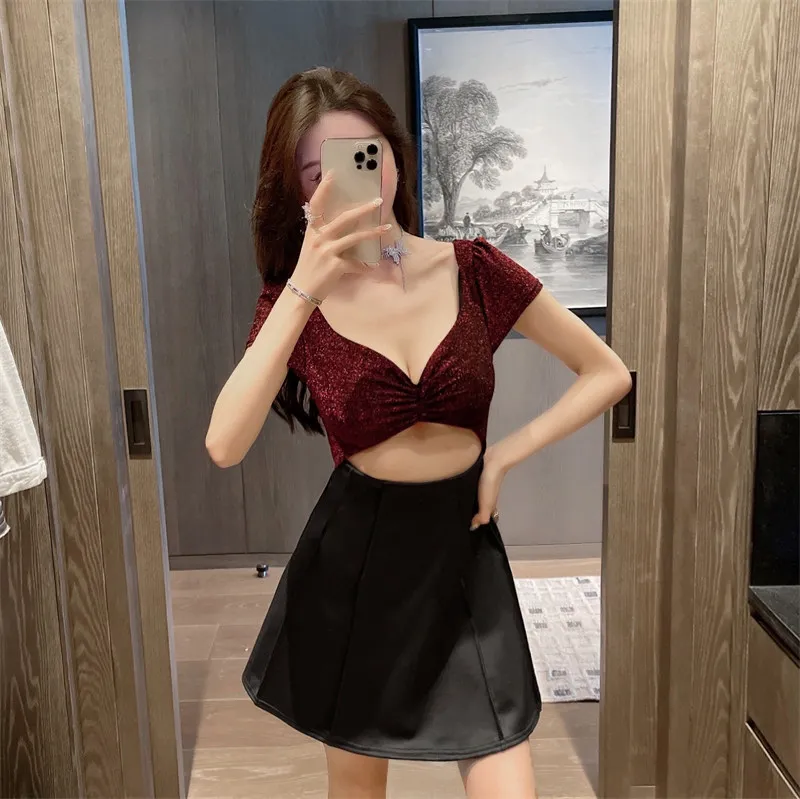 

2022 new fashion lady temperament sexy short-sleeved stitching hollow A-line dress