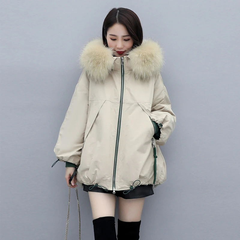 

2020 Autumn Winter New Women Solid Cotton Coat Mid-Length Drawstring Slim Casual Fashion Big Fur CollarJackets For Women Hooded