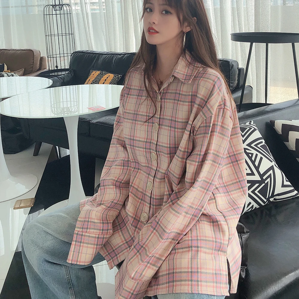 Осень 2019 корейский стиль свободный большой размер клетчатая блузка женская