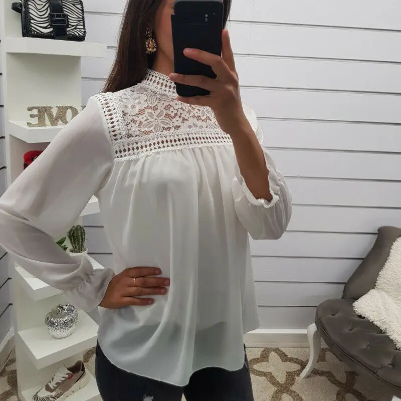 

2020 Women's Hollow Lace Long Sleeve Loose Blouse Tops Ladies Casual Jumper T-shirt Basic Tee