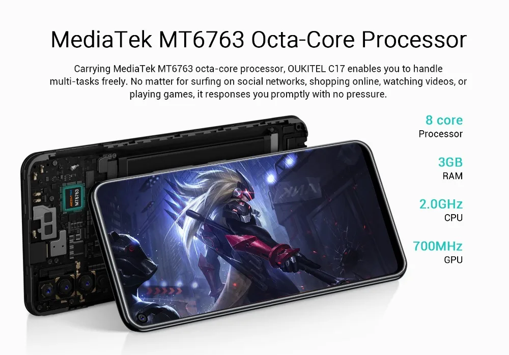 Смартфон OUKITEL C17 6,35 ''с тройной камерой MT6763, четыре ядра, Android 9,0, 3 ГБ, 16 ГБ, распознавание лица, отпечаток пальца, 4G, мобильный телефон, 3900 мА/ч