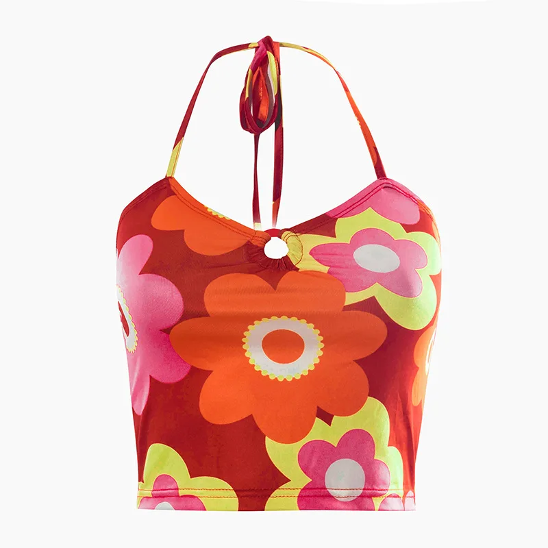 

2021 Women Floral Print Tank Tops Sexy Hollow Out Bandage Crop Top Casual Streetwear Basic Short T-Shirt For Summer Gilrs
