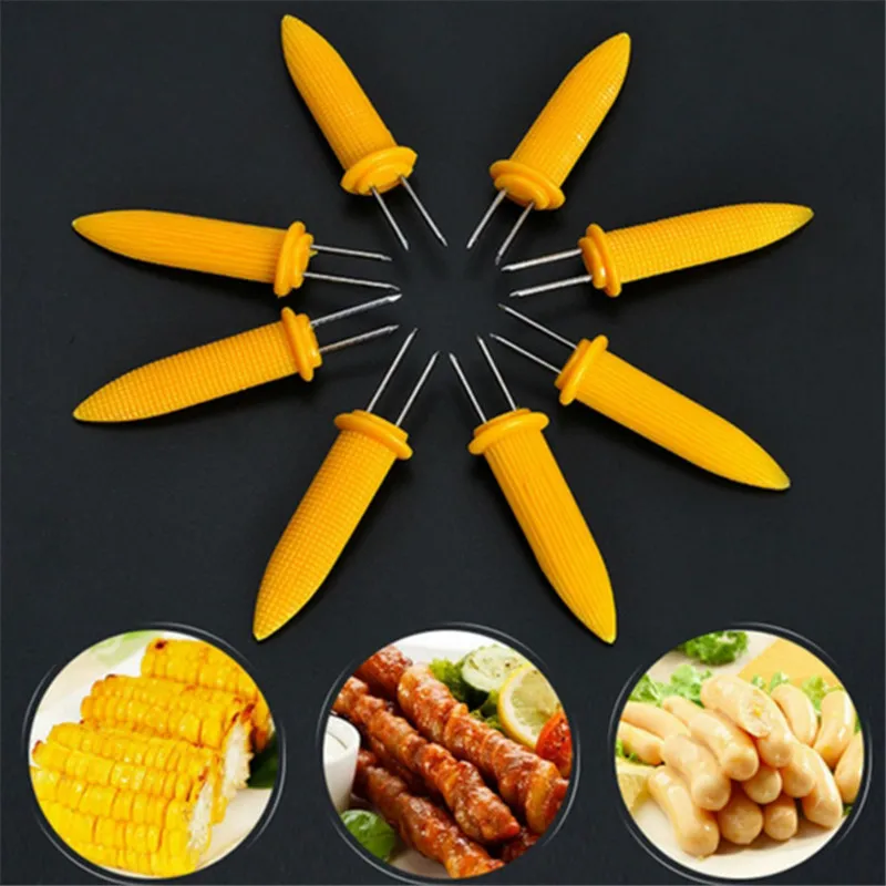 

Hot selling 10pcs/pack Twin Prong Skewers Barbecue Fork Fruit Corn Holder BBQ Fork Garpu Tool Yellow