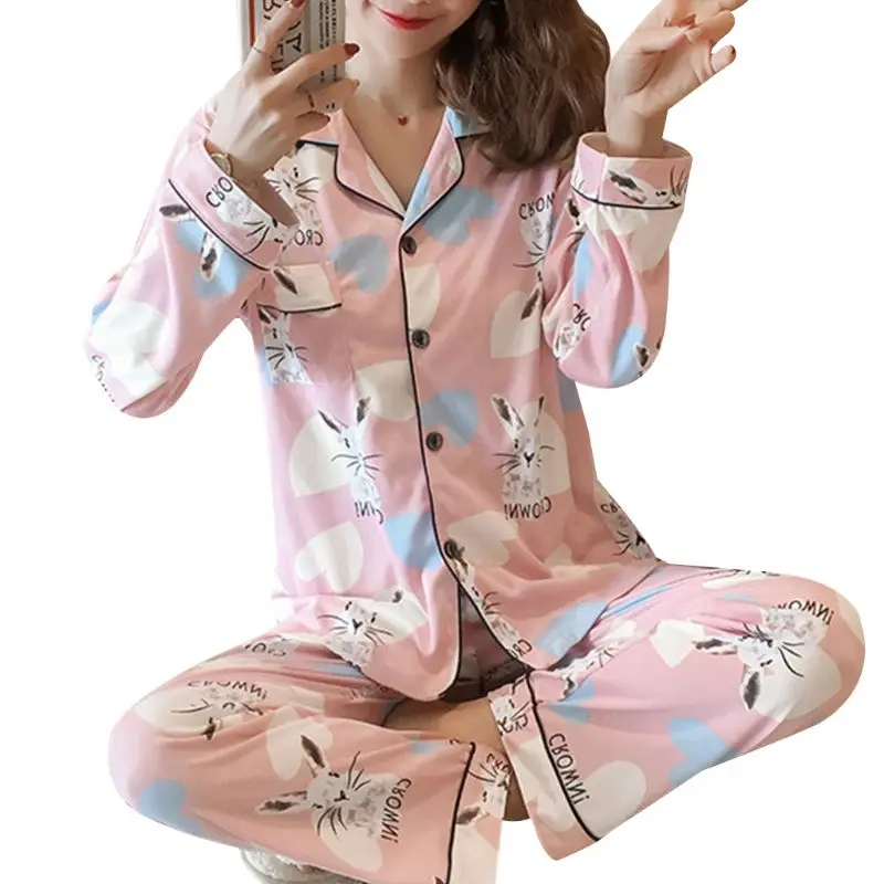 10 Женский пижамный комплект Kawaii С мультяшным принтом, пижама с длинным рукавом, на пуговицах, с круглым вырезом, свободные штаны, домашняя одежда, M-2XL, 19 видов стилей - Цвет: 10