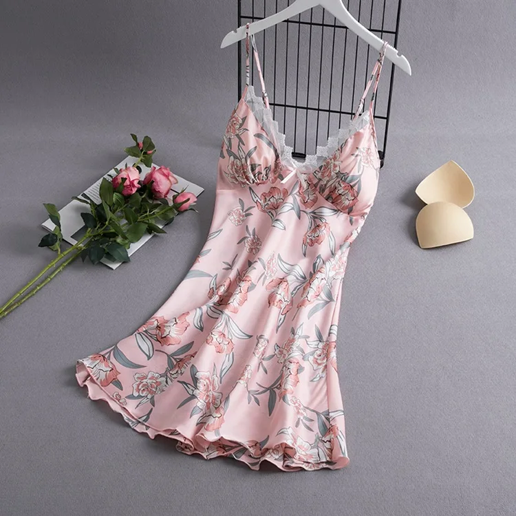 

Satin Print Flower Spaghetti Strap Nightgown Sexy Nightie Women Lace Homewear Nightdress Intimate Lingerie Bridal Wedding Gift
