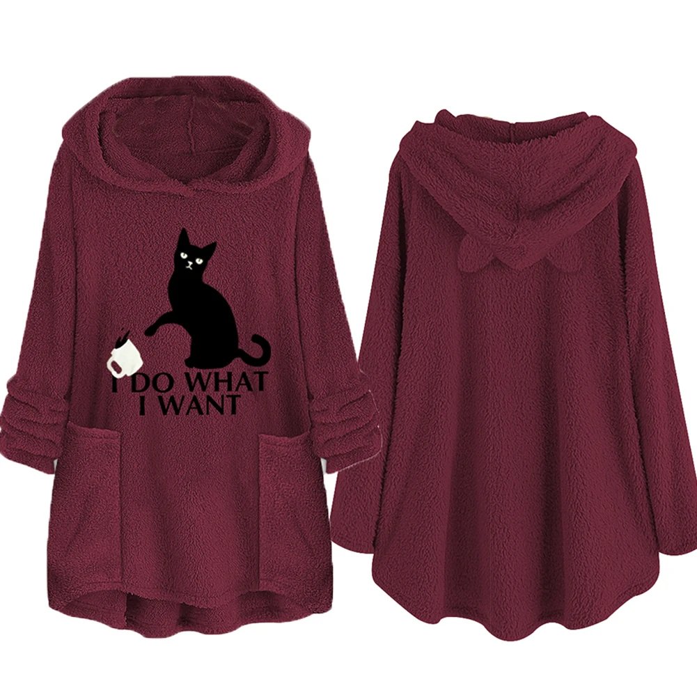 Женская Осенняя толстовка с капюшоном однотонный пуловер принтом кошек худи
