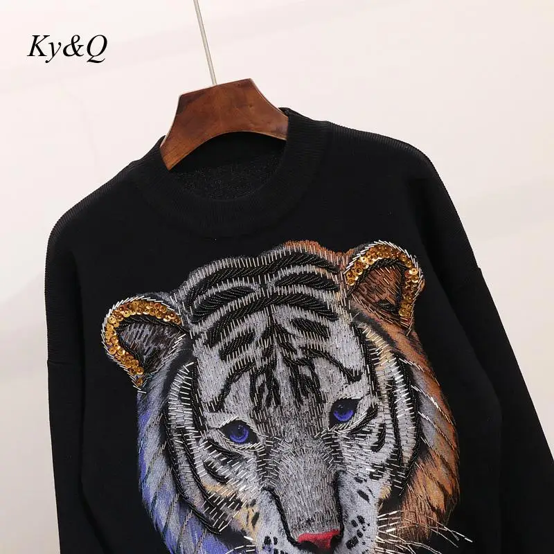2019 Winter Christmas Women Vintage Luxury Embroidered Tiger Sweater Beading Sequined Brand Designer Pullover 2 Pieces Black | Женская