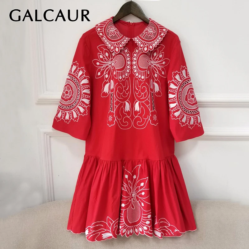 Женское платье с вышивкой GALCAUR хит разноцветное отложным воротником и коротким