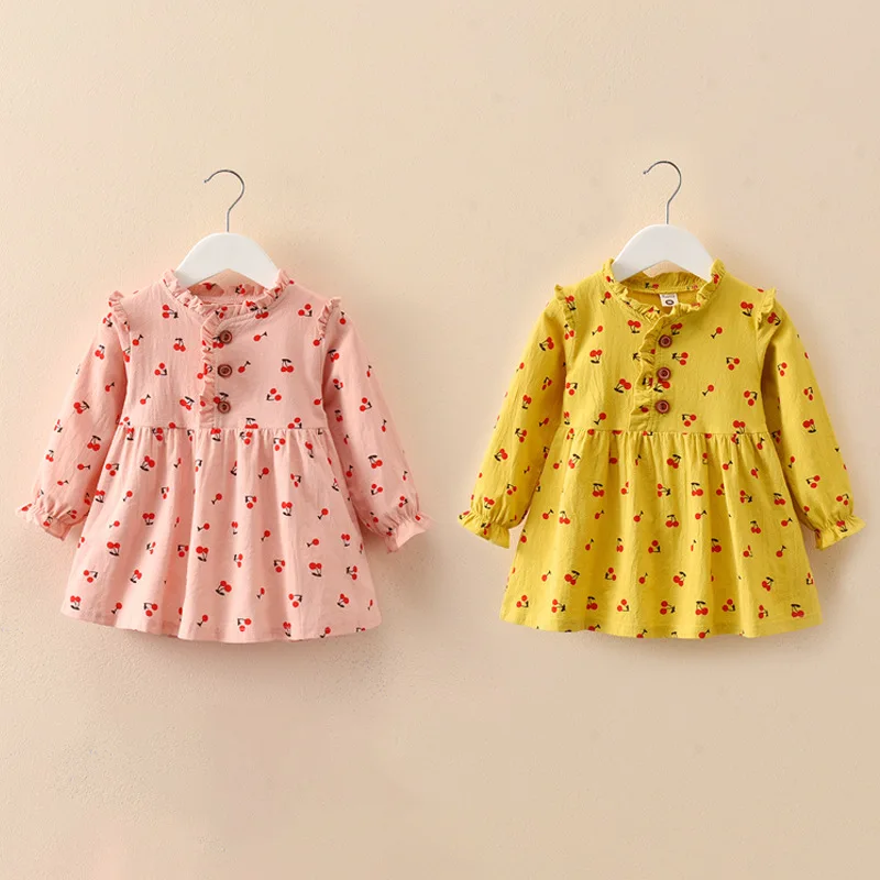 Праздничное льняное платье с вишенками для маленьких девочек на осень/весну