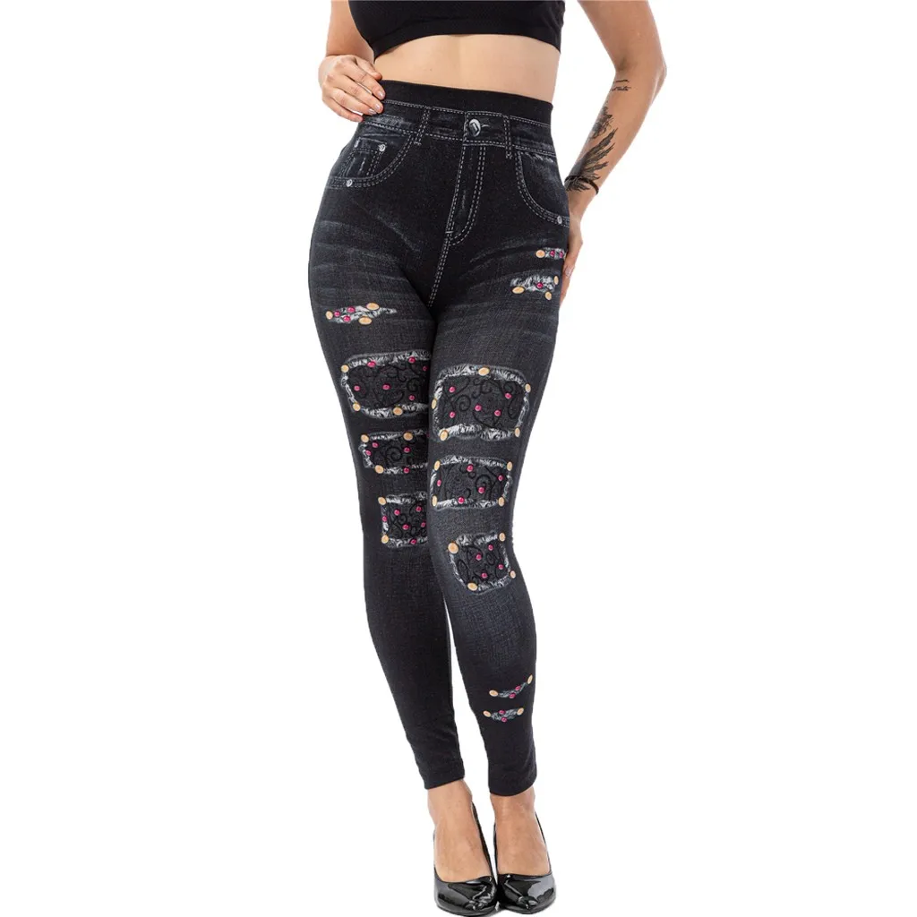 

Women's Casual Pants Imitation Cowboy High Elasticity Beading High Waist Pencil Pants Plus Size Skinny Jeans Mujer Pantalones