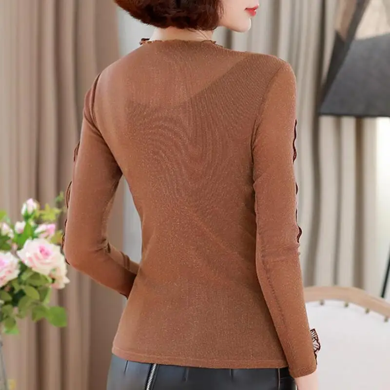 

Long Sleeve Lace Blouse Women Shirts Fashion Diamonds Lace Spliced Korean Shirt Womens Tops and Blouses Plus Size Blusas Mujer