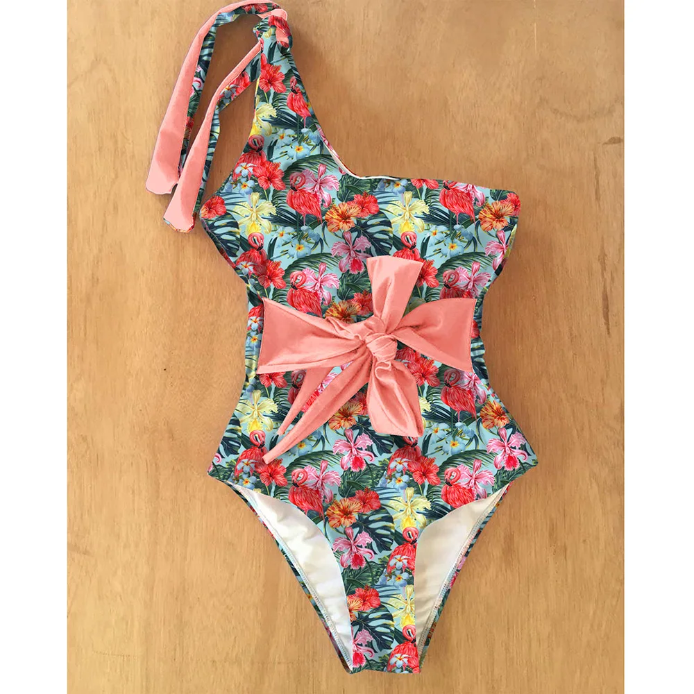 Слитный купальник с поясом 2021 на одно плечо Женский монокини принтом купальный