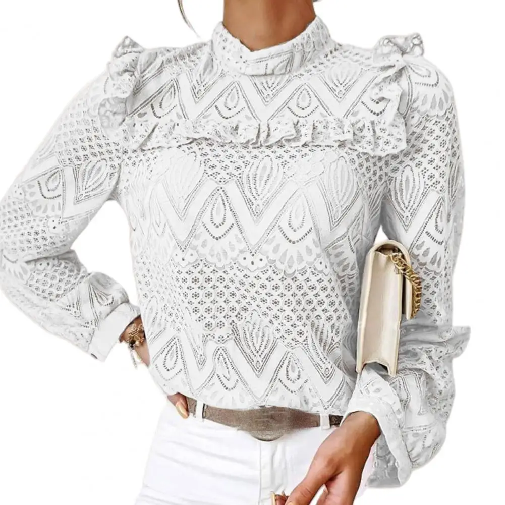 

Women Shirt Autumn Women Elegant Long Sleeve Lace Ruffle Blouse Hollow Out Office Shirt Top Women's Clothing 2021