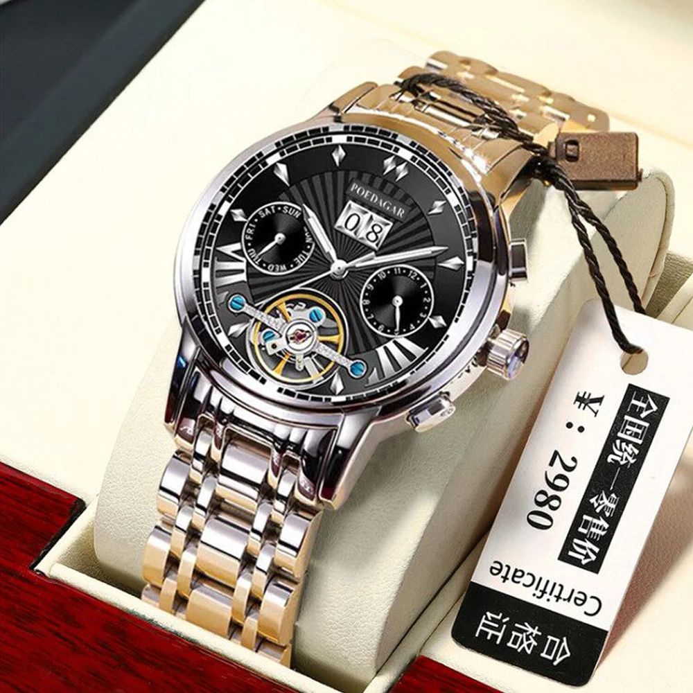 

POEDAGAR 2021 новый роскошный Для мужчин механические наручные часы Нержавеющая сталь часы Топ Фирменная сапфирно-Стекло Для мужчин кварцевые ч...