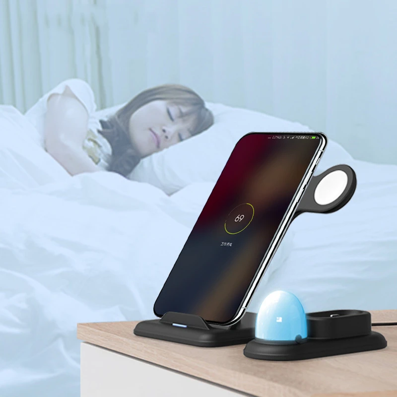Беспроводное зарядное устройство 4 в 1 Qi со светодиодной подсветкой для iPhone 11 pro XS