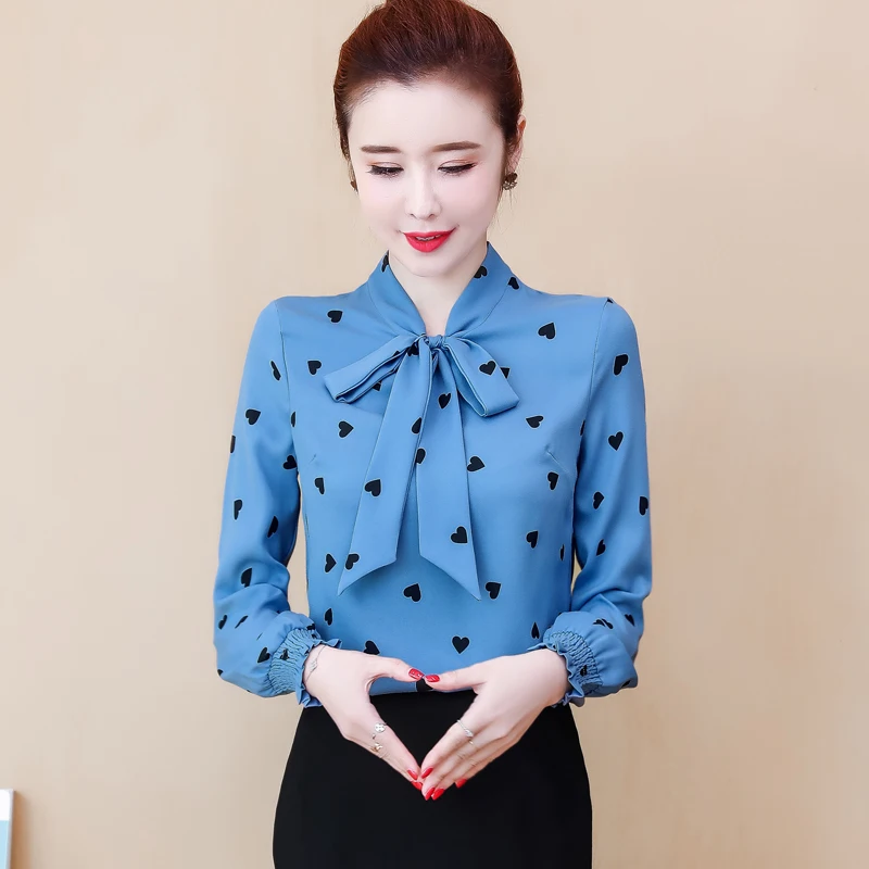 

Women Spring Summer Style Chiffon Blouses Shirts Lady Casaul Long Sleeve Polka Dot Printed Bow Tie Collar Blusas Tops