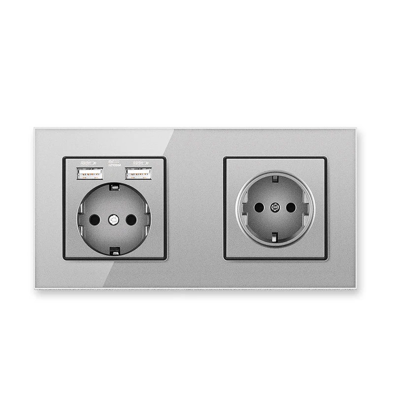 

EU Standard Electrical Socket Crystal Glass Panel Wall Germany EU Socket With USB Outlet AC110-250V 16A Gray