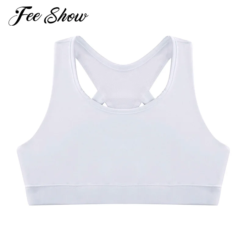 

Kids Girls Running Vest Sports Clothing Sleeveless Fitness Gym Dance Bra Tops Solid Color Racer Hollow Back Yoga Crop Tanks Top