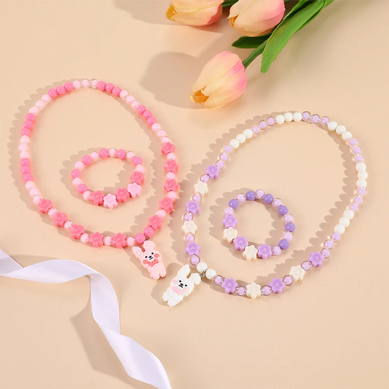 

Rainbow Cute Cartoon Rabbits Flower Animal Child Sweater Necklace Bracelet Sets Girl's Gifts Children Kids Birthday Gift Jewelry