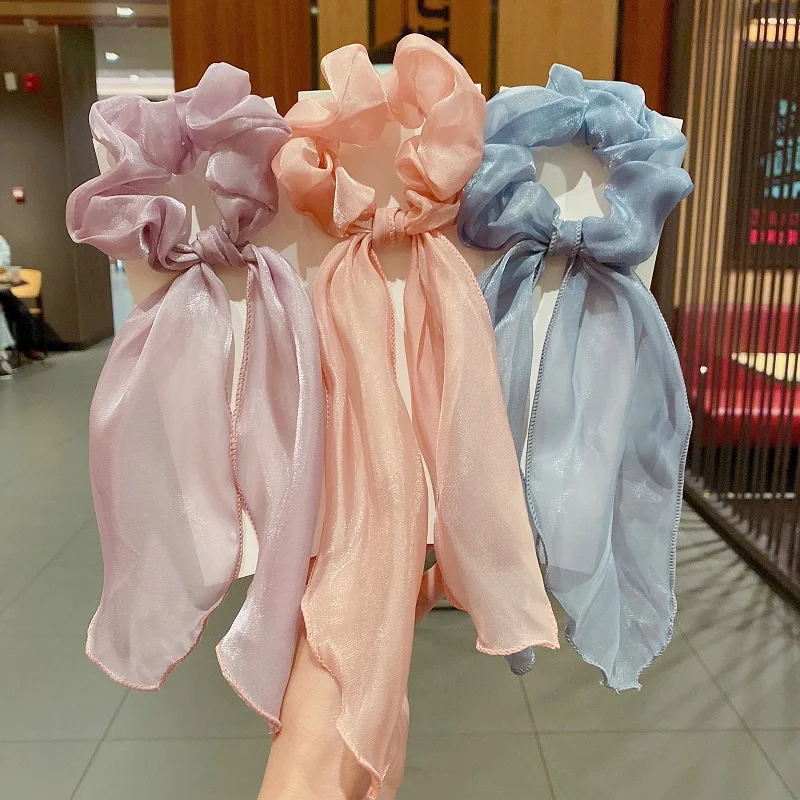 

2021 New Women Streamer Pearly Yarn Long Ribbon Knotted Hair Ring Girls Solid Color Hairbands Headband Fashion Hair Accessories